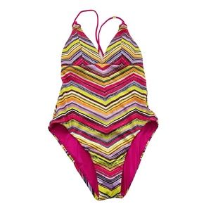 NWOT Colorful Chevron Like Stripes One Piece Tie Back Swimsuit S / M